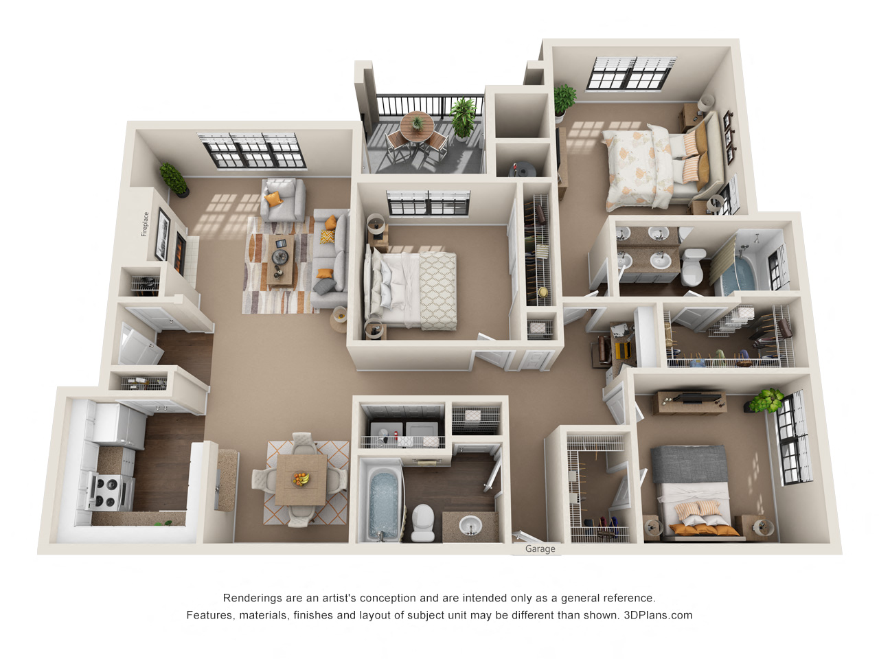 Floor plan for 3 beds, 2 baths, 1415 sqft
